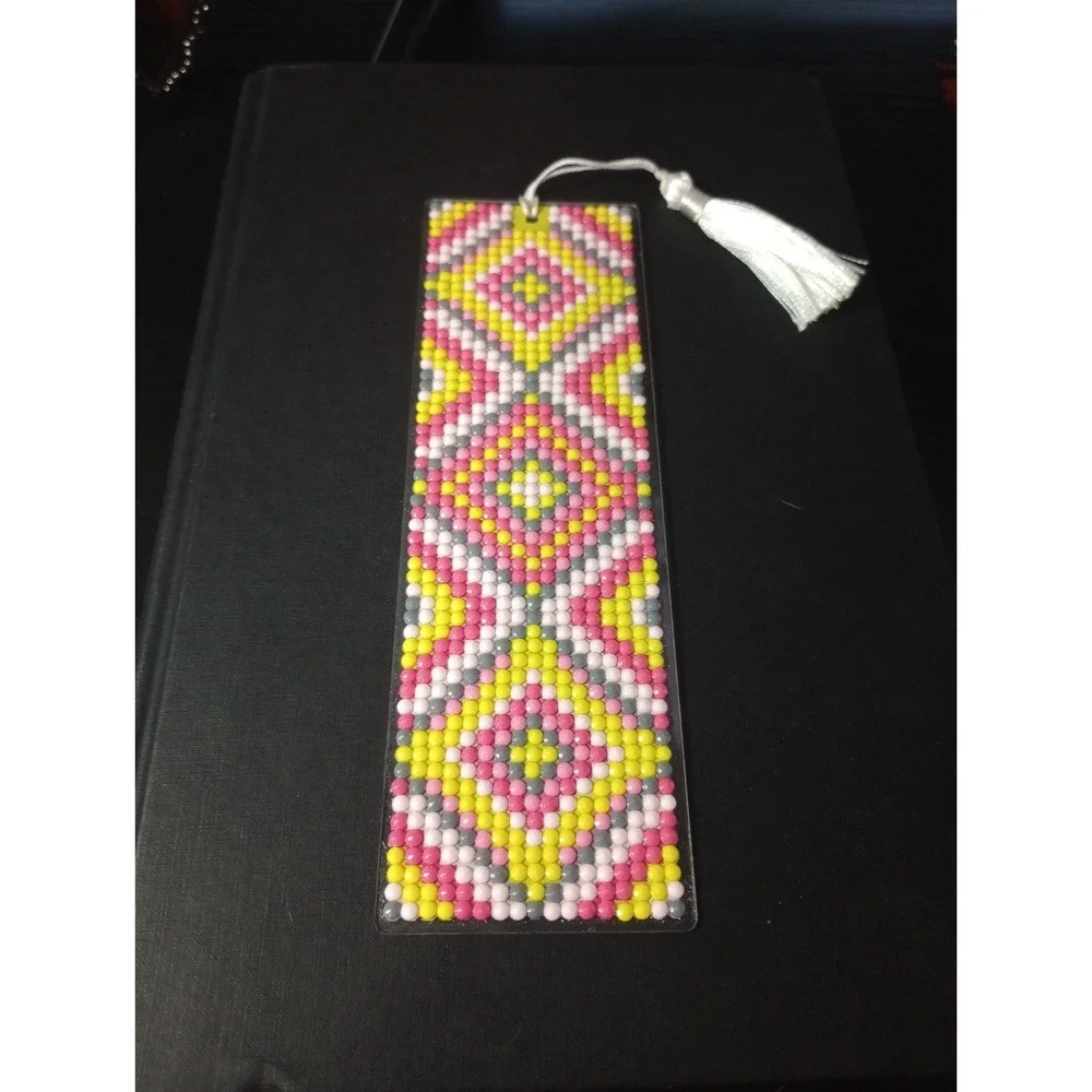 Handmade Diamond Painting Bookmark Pink Yellow Geometric Design White Tassel...